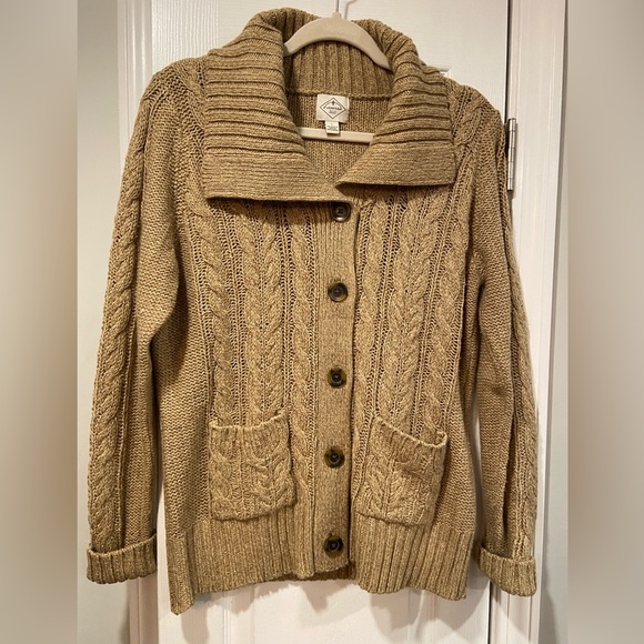 St. John’s Bay Size L Tan Cable Knit Collared Button Front Cozy Cardigan Sweater - Picture 1 of 9